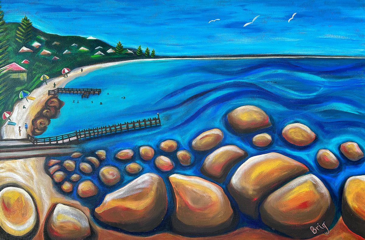 A Calm Day at Flinders Bay by Brigitte James, showing blue water, golden rocks, beach jetties and seabirds in Augusta.