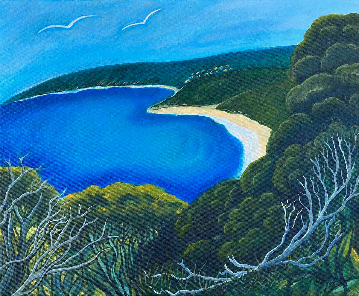 Down South Somewhere by Brigitte James, showing a view towards Yallingup, with a sandy beach and coastal trees.