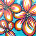 Joy of Colour #1 by Brigitte James, featuring pink, orange and yellow flowers with white highlights against a turquoise background.