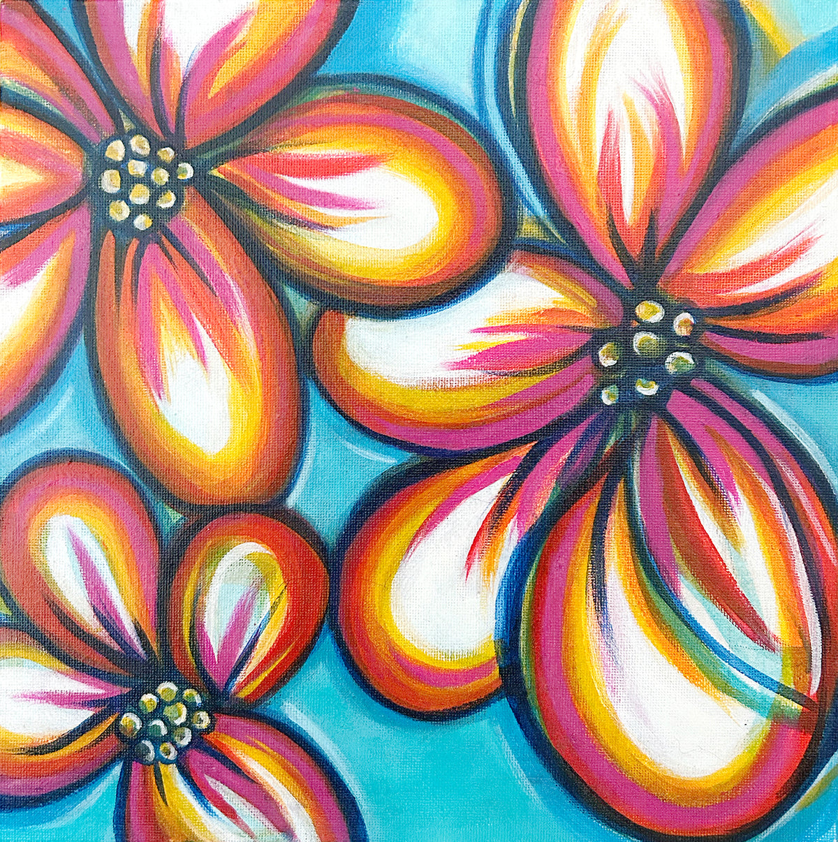 Joy of Colour #1 by Brigitte James, featuring pink, orange and yellow flowers with white highlights against a turquoise background.