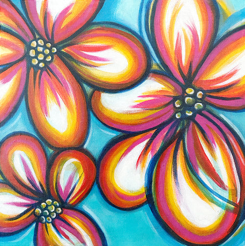 Joy of Colour #1 by Brigitte James, featuring pink, orange and yellow flowers with white highlights against a turquoise background.