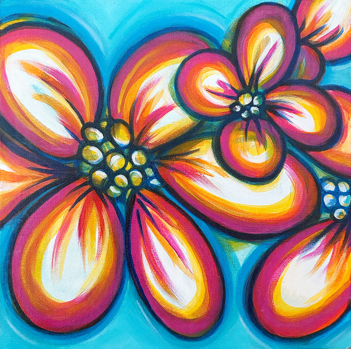 Joy of Colour #2 by Brigitte James, featuring pink, orange and yellow flowers with white highlights against a turquoise background.