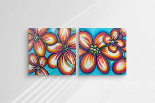 Joy of Colour #1 and #2 by Brigitte James displayed side by side on a white wall, featuring colourful flowers on turquoise backgrounds.