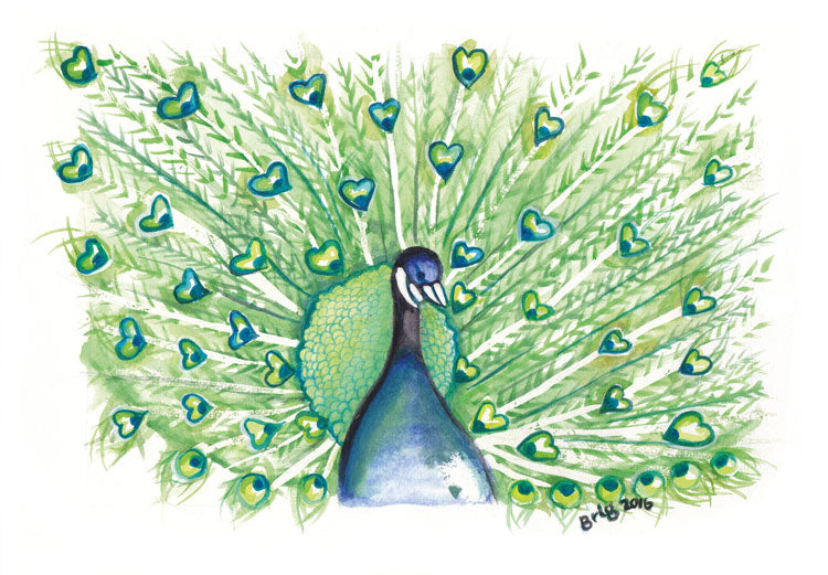 Peacock Watercolour (with hearts) – Original Painting