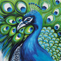 Peacock acrylic painting by Brigitte James, showing a vivid blue peacock surrounded by green and blue patterned feathers.
