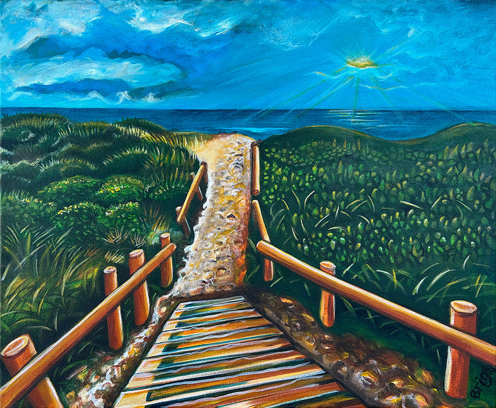 West Coast Winter Original acrylics on canvas by Brigitte James, showing a dune path leading to the ocean.