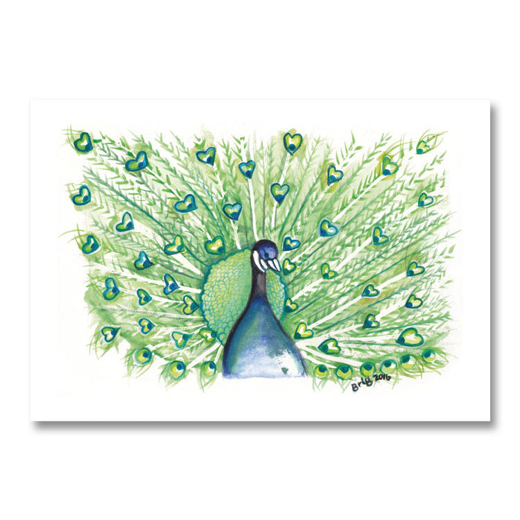 Peacock Watercolour with Hearts by Brigitte James, showing a blue and green peacock with heart-shaped markings among its fanned tail feathers.